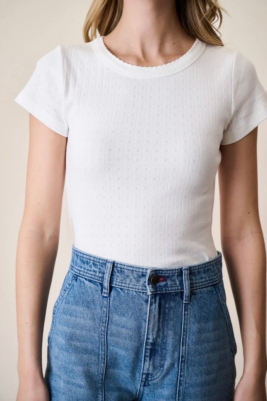 Marea by Liz Joy Pointelle Short Sleeve Slim Crewneck Feminine Romantic Tee XS